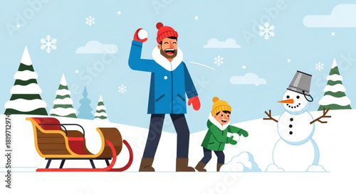 Man and child playing in snow with sled and snowman during winter  
