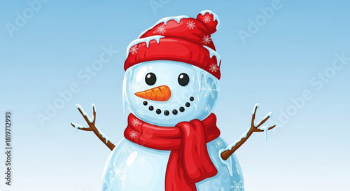 Cartoon snowman smiling with a red scarf and hat on blue background - Concept of New Year, Christmas  