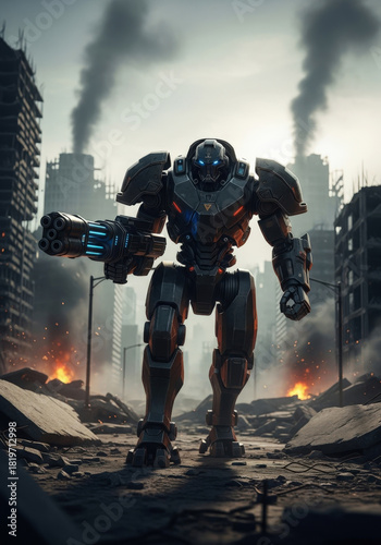 robot, soldier, enemy, advanced, dark, armor, weapon, futuristic, menacing, striding, rubble, destroyed, city, street, battlefield, apocalyptic, post-apocalyptic, intense, atmosphere, cinematic, damag