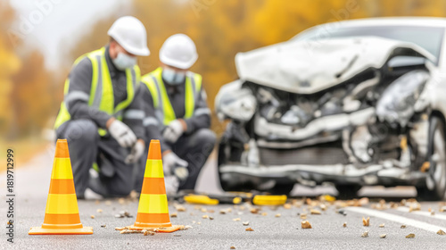 Traffic investigators examining a damaged car at a crash scene, working to determine the cause of the vehicle accident