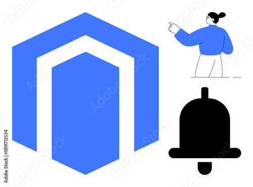 Blue hexagonal shape, black notification bell, and minimalist person gesturing. Ideal for communication, guidance, branding, alerts, team management notifications and e-commerce. Simple flat