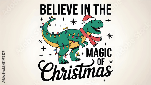 Festive tyrannosaurus rex dinosaur wearing a santa hat and scarf with christmas lights and snowflakes celebrating the magic of christmas silhouette