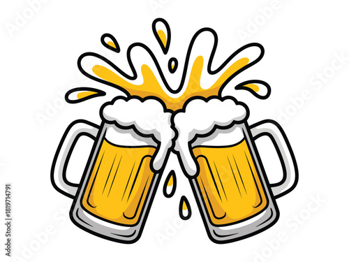 Two beer mugs clinking with foam and splash on a white background