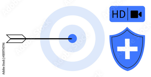 Arrow reaching target s bullseye alongside HD camera and medical shield icons. Ideal for precision, accuracy, technology, security, health, protection, and goal-setting. Simple flat metaphor