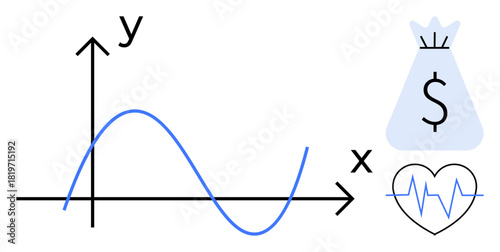 Graph with x and y axes and curved line, financial bag with dollar sign, and heartbeat symbol. Ideal for themes in analytics, finance, healthcare, growth trends, wellness, statistics and strategy