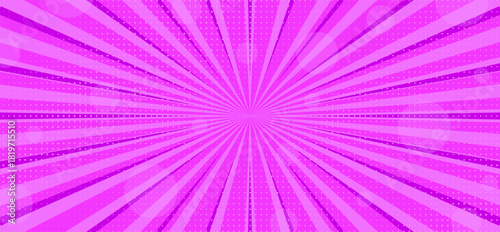Magenta and pink comic book style background with a radial sunburst pattern and halftone dot accents background