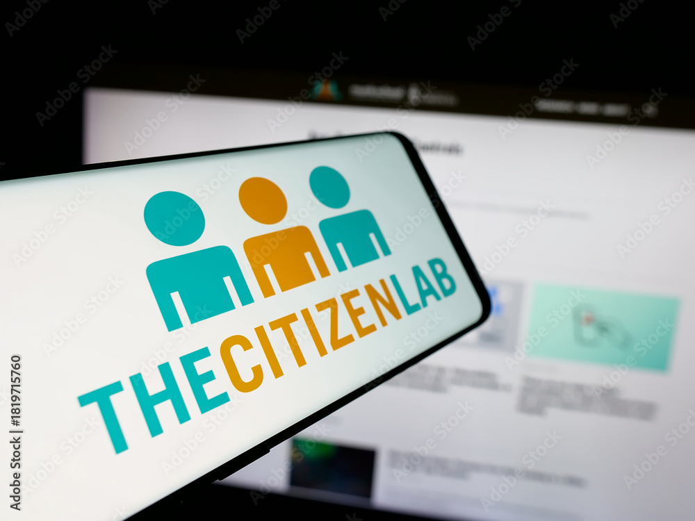 Fototapeta premium Stuttgart, Germany - 11-19-2025: Smartphone with logo of Canadian research laboratory Citizen Lab on screen in front of website. Focus on center of phone display.