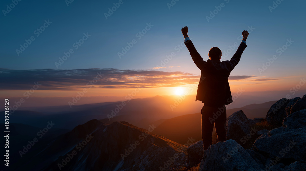 Fototapeta premium Silhouette of accomplished professional with elevated hands on mountain summit faceless businessman hiking defocused peak background celebrating triumph concept winner leader