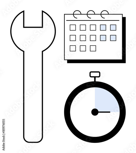 Wrench, grid calendar, and stopwatch signify maintenance, deadlines, and efficiency. Ideal for planning, productivity, maintenance, repair project management time tracking workflow simplification