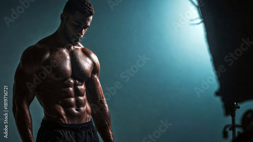 Fit man shows off muscular physique under studio lighting. Use: fitness app, gym marketing material.