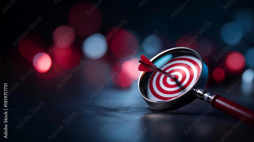 Naklejka premium Magnifier lens focused on target objective with creative illumination concept defocused strategic background planning development leadership visualization customer target group