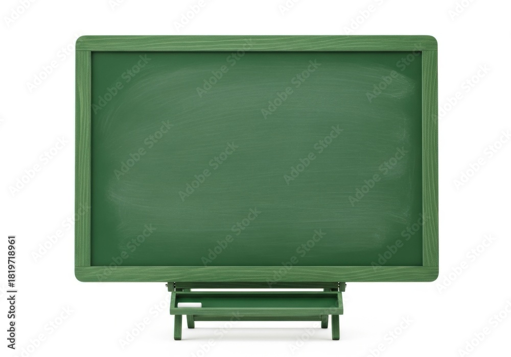 Obraz premium Empty green wooden chalkboard with folding stand isolated on white background, chalk tray visible, subtle wood grain texture