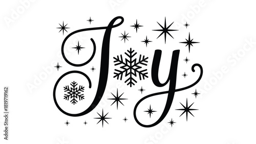 Elegant black and white silhouette of the word joy with snowflakes and sparkling stars perfect for winter holiday designs and festive celebrations silhouette