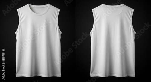 Plain white sleeveless t-shirt shown in clean front and back views hanging side by side isolated on dramatic black background for mock-up