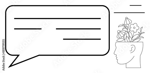 Human profile with flowers growing from the head and speech bubble symbolizes mental health, creativity, mindfulness, ideas, personal growth, communication, and positive thinking. Minimal flat