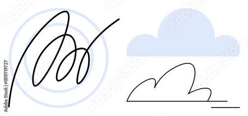 Blue cloud icon, abstract scribble, and circular pattern suggest creativity, technology, environment, imagination, design, innovation and digital concepts. Ideal for a simple flat metaphor