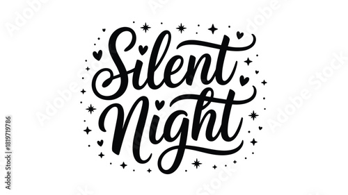 Elegant black silhouette lettering of silent night with decorative stars and hearts creating a festive and peaceful christmas holiday atmosphere silhouette