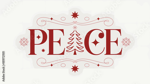 Elegant vintage decorative text art spelling the word peace with a christmas tree silhouette in the center and ornate flourishes and ornaments silhouette