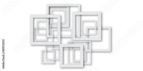 Cluster of overlapping white square frames on a bright background, layered with soft shadows, creating a clean modern geometric abstract design.