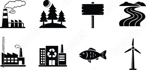 Environmental industry pollution factory river fish wind turbine recycling sign vector icons collection
