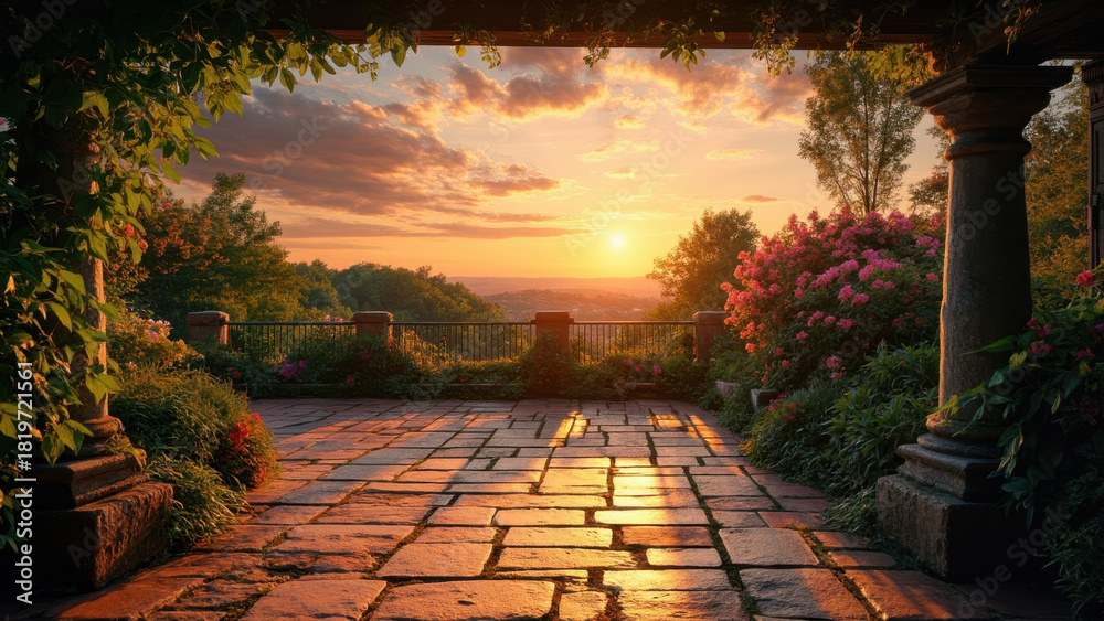 Obraz premium Sunset view from a stone patio with lush garden and vibrant sky