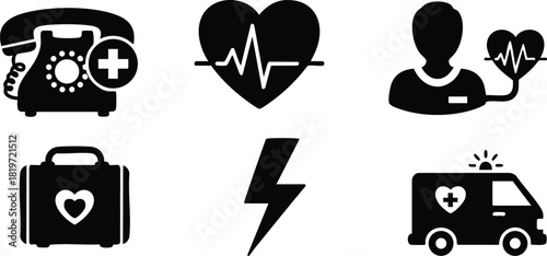 Medical emergency icons heart pulse telephone ambulance first aid kit lightning vector illustration