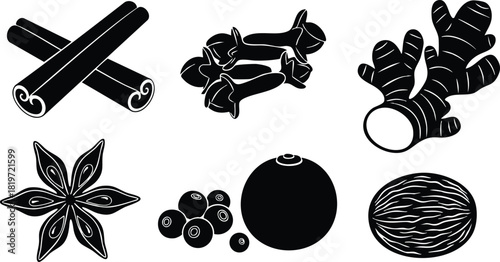 Collection of whole black silhouette spices cinnamon clove ginger star anise allspice nutmeg illustration vector