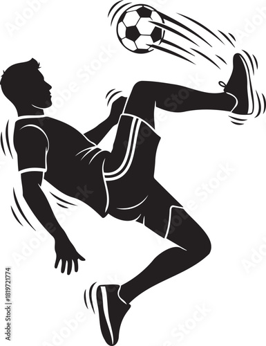 Silhouette of an athlete executing a dynamic overhead kick with a soccer ball