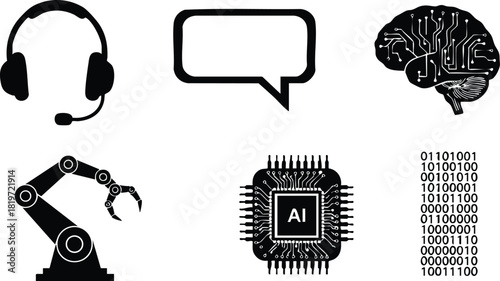 Artificial intelligence icons set with headset brain microchip robotic arm and binary code vector illustration