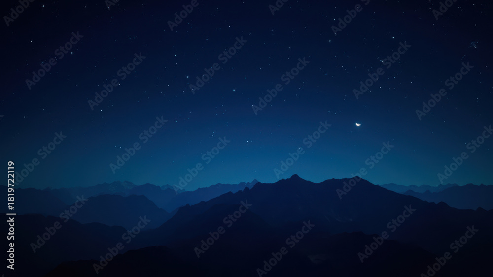 Naklejka premium Night sky over mountain range with stars and crescent moon