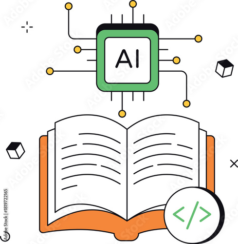Ai learning from book with coding symbol isometric flat vector illustration