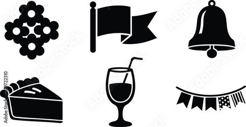 Set of simple black silhouette icons including flowers flag bell pie drink and party flags vector illustration