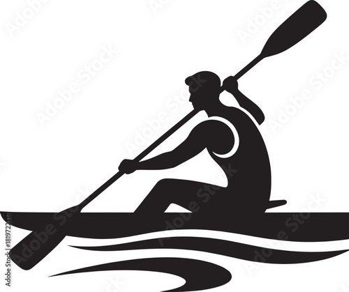 Silhouette of a kayaker paddling a boat on wavy water