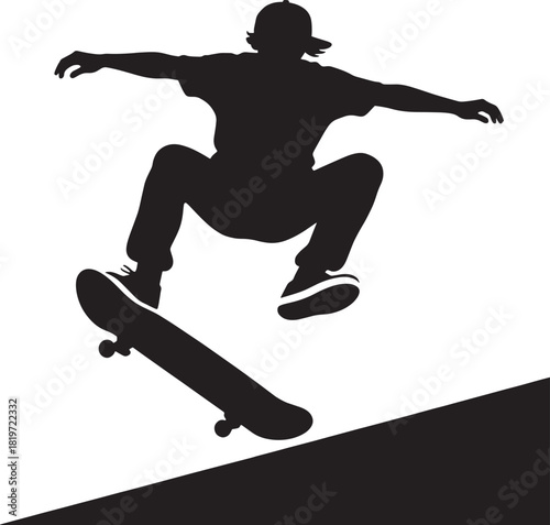 Skateboarder in mid air performing a trick on a ramp black silhouette