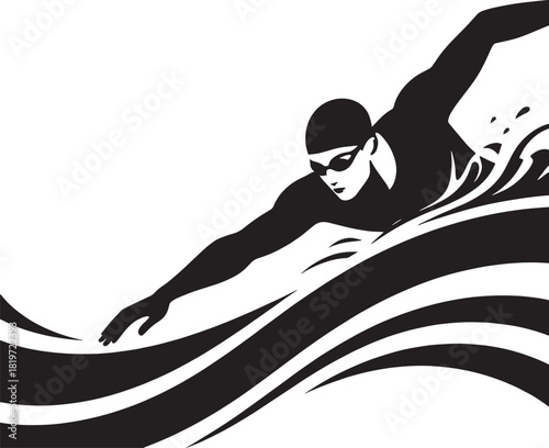A black and white illustration of a swimmer in motion through water
