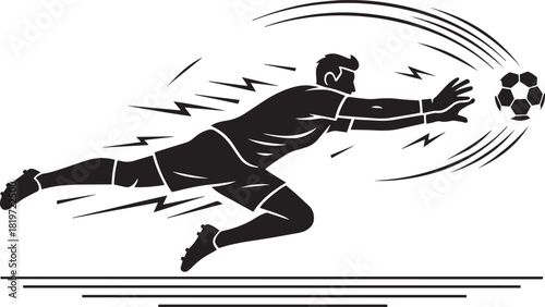 Dynamic soccer goalkeeper in action diving to save the ball with speed