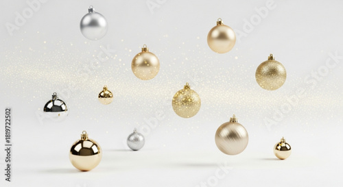 Elegant Christmas ornaments in gold and silver create a stunning, festive atmosphere for holiday promotions and seasonal designs, adding sparkle and charm