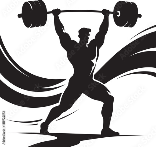 A strongman powerfully lifts a heavy barbell overhead in a dynamic pose