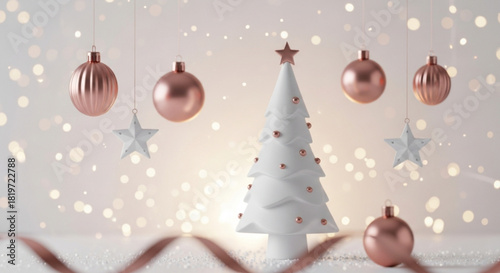 Elegant Christmas tree with rose gold ornaments for modern holiday celebrations, festive winter season greetings, and stylish New Year designs, originally vector