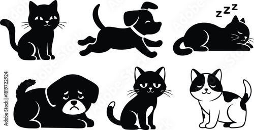 Black and white cat and dog silhouettes with sleeping pet and playful animals vector illustration