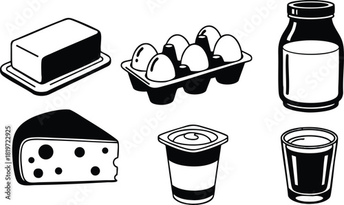 Dairy food icons butter eggs milk cheese yogurt and glass vector illustration