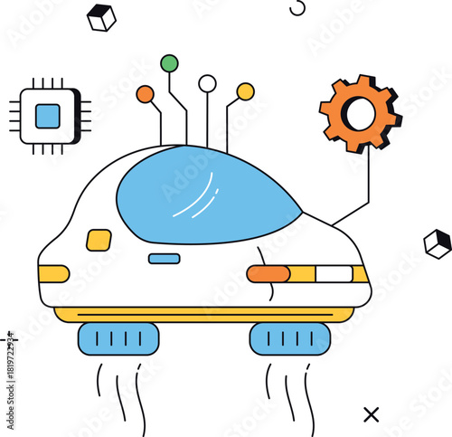Ai powered car with circuit board and gear isometric flat vector illustration