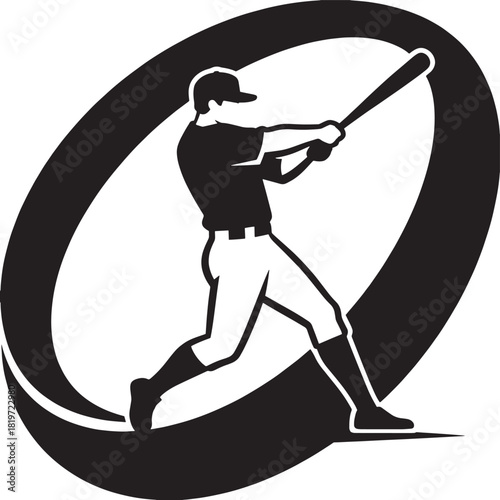 A stylized black and white illustration of a baseball player swinging