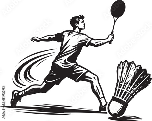 Dynamic badminton player in action preparing to strike the shuttlecock with speed