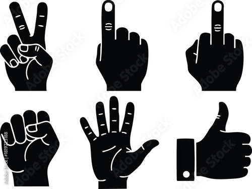 Hand Gesture Icons Including Peace Fist Victory Like and Counting Fingers Vector Illustration
