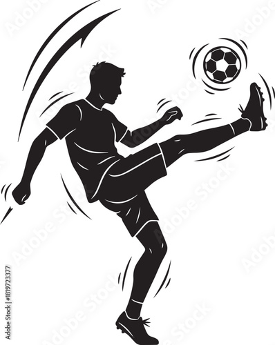 A silhouetted soccer player is depicted in the act of kicking a ball
