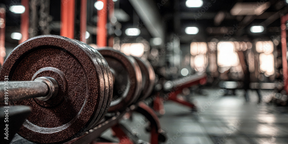 Fototapeta premium A row of dark, heavy weight plates rests on a rack in an industrial gym. Use: health club advertisement, workout app background.