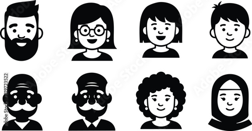 Diverse male and female avatar faces with various hairstyles and facial features vector illustration