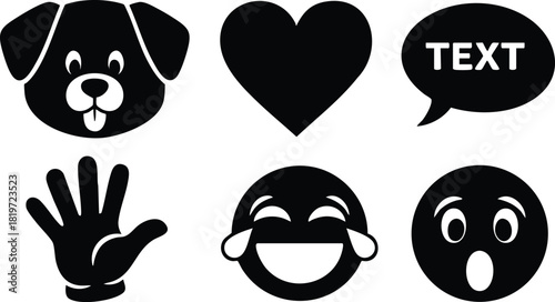 Set of black dog heart speech bubble hand laughing crying face surprised face icons vector illustration