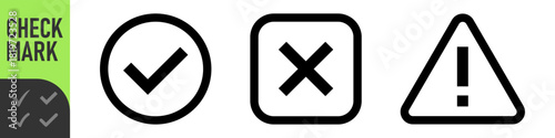 check mark icon button set. check box icon with right and wrong buttons and yes or no checkmark icons in black tick box and black cross. exclamation mark information icon